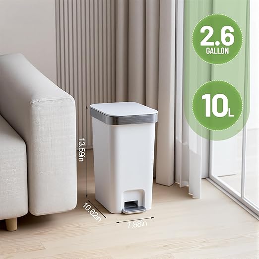 accep 2 Pack Bathroom Garbage Can with Lid, 2.6 Gallon /10 Liter Small Trash can, Press Top Bin & Step Metal Pedal Trash Bin, Mini Waste Basket for Bedroom, Home Office, Toilet, Dorm (Grayish-White)