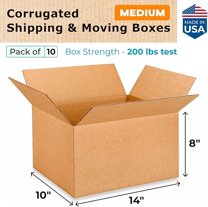 Medium Moving & Shipping Boxes 14x10x8 inches (10-Pack) - Extra Strength 200 lb vs Regular - Corrugated Packaging Boxes for USPS/UPS/FEDEX - Box for Shipping - Heavy Duty Box by IDL Packaging