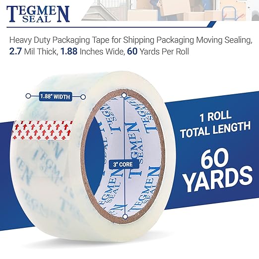 TegmenSeal Heavy Duty Clear Packing Tape with Dispenser Combo for Shipping, Moving & Storage,Thicker Clear Packing Tape, 1.88 inches Wide, 60 Yards Per Roll, 12 Pack 720 Total Yards