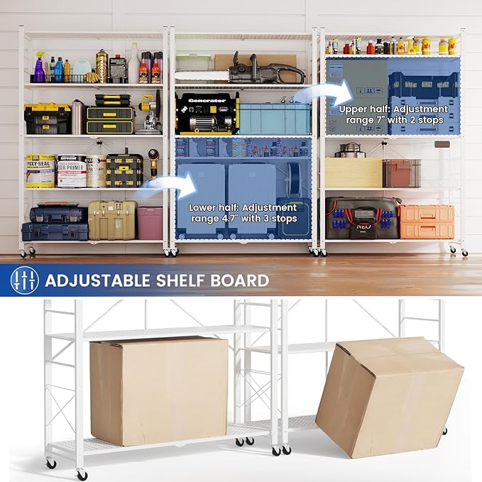 ALANNG 40" W Foldable 5-Tier Storage Shelves with Wheels, Adjustable & Removable Metal Rack, Heavy Duty Rolling Organizer for Kitchen, Garage, Closet, Pantry, and Office (White,4 Pack)