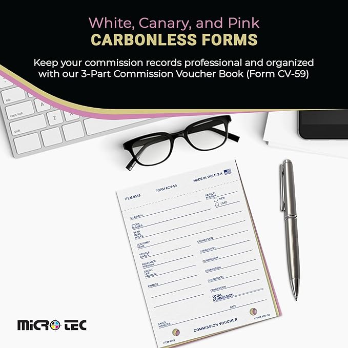Commission Voucher Book CV-59-3 Part Carbonless Forms, Triplicate NCR Receipt Book, Snap-Out Pre-Punched with File Holes Commission Vouchers, Blue Ink, 4.25 x 5.625 Inch - Pack of 400