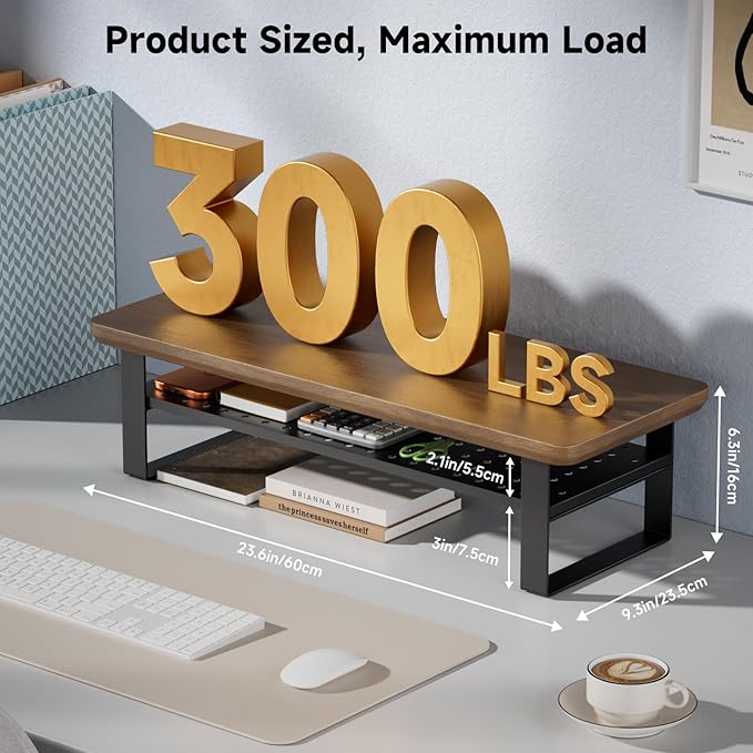 NestNeat Monitor Stand Riser, 24 Inch Computer Monitor Stand for Desk, 2-Tier Wood Desk Shelf Organizer with Storage, Desktop Stand for Laptop/Screen/PC/Printer, Ergonomic Home Office Monitor Stand