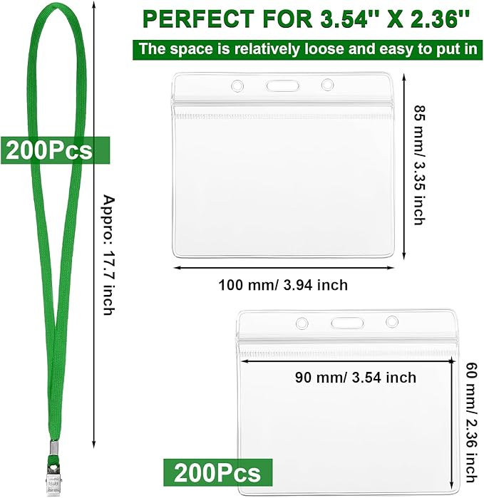 Marspark 200 Sets Clear Name Tags with Lanyard, Lanyards for ID Badges Reusable Strap with ID Holder Plastic Name Badges for Adults Business School Church Conference (Dark Green)