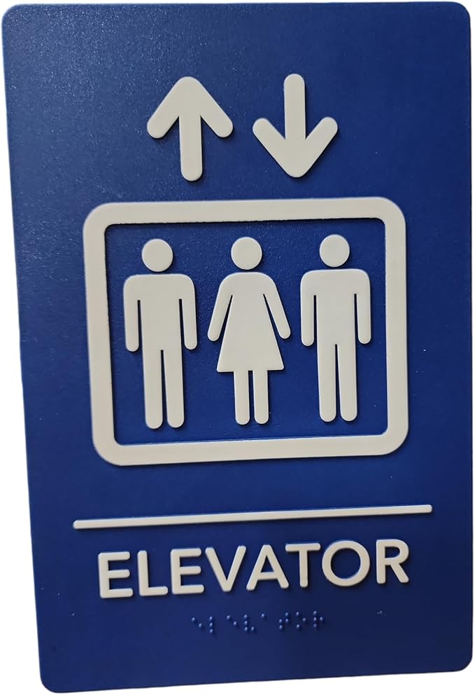USA Made - Men's and Women's Restroom Signs ADA-Compliant Bathroom Door Signs for Offices, Businesses, and Restaurants, Black, Blue, Grey and Taupe/Tan Colors (Blue Elevator)