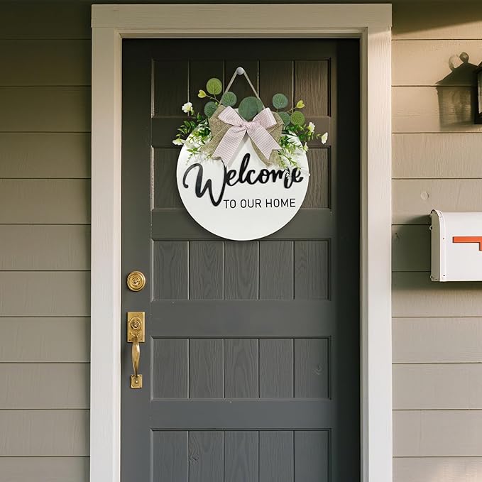 VPDTVK Welcome Sign for Front Door, Rustic Welcome Door Sign Outdoor Wreaths Decor for Spring Summer Autumn and Winter All Seasons Holiday Halloween Christmas(White)