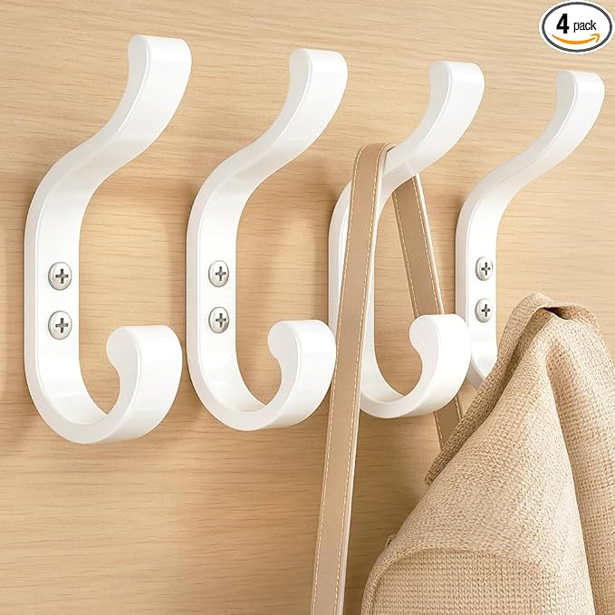 Large Wall Hooks for Hanging Coats - Wall-Mounted Heavy Duty, Holds 30 lbs, Door Hook for Backpacks, Clothes, Towels, Hats, Purses, Screw-in Hooks for Bathroom, Mudroom, Farmhouse (White, 4 Pack)