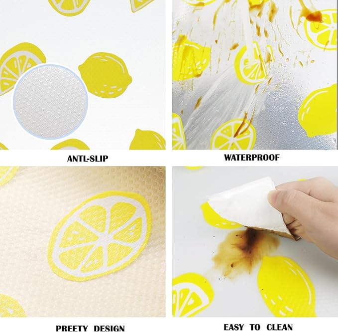 Lemon Print Shelf Liner for Kitchen Cabinets - Non-Adhesive Drawer Liner, Non-Slip Refrigerator Liner, Waterproof Fridge & Pantry Mat - Easy to Cut & Clean