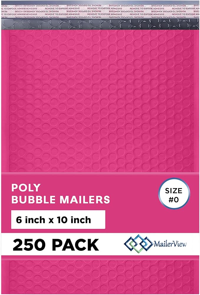 Hot Pink Small Poly Bubble Mailers 6x10 inch #0 | Self Seal Padded Envelopes | Cushioned Bubble Mailer | Usable Size 6x9 | WaterProof | Lightweight mailing Shipping Bags | 250 Pack Bulk