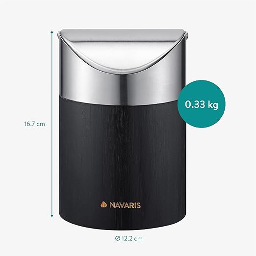 Navaris Black Mini Trash Can - Small Bin with Stainless Steel Swing Lid for Easy Access - Desktop Bin Ideal for Office, Bathroom and Kitchen Counter - Compact and Easy to Clean