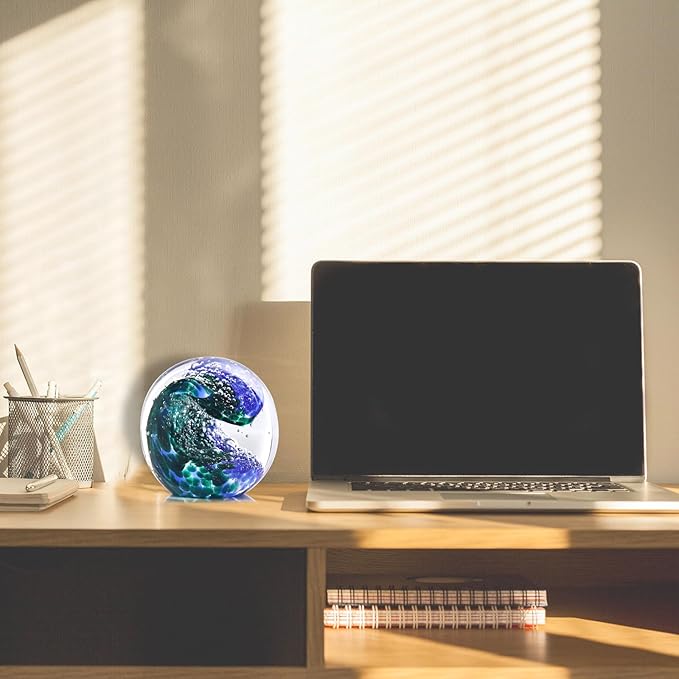 LCCCK Hand Blown Glass Ocean Waves Glass Ball Beach Office Decor, Blue Glass Paperweight Ideal Beach Decorations for Home, Suitability Seaside Villa Aquarium Ocean Lover's Gift