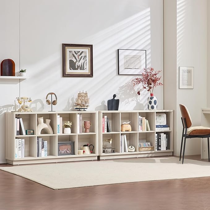 Joaxswe 8 Cube Storage Bookcase, 52" Long Horizontal Book Shelf w/Curved Edge, Wood Low 2-Tier Cubby Console Bookshelf with Base, Modern Floor Standing TV Stand for Living Room, Grey-White Cream Oak