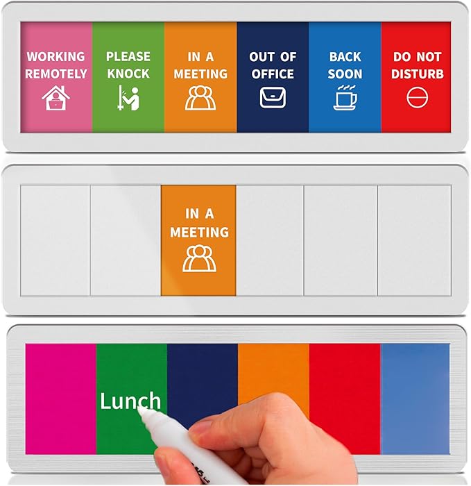Office Door Signs with 6 Printed Status Options – Do Not Disturb, Out of Office, In a Meeting, Please Knock, Work from Home, Back Soon – Includes Custom Personalized Blank Sticker for Privacy Workspace or Studio Available and Away