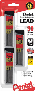 Pentel Super Hi-Polymer Lead Refills, (0.5 mm), Fine, HB, Pack of 3, 90 Pieces of Lead (C25BPHB3-K6)