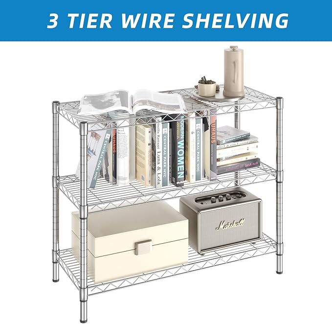 Guan River 3-Shelf Adjustable Metal Shelf Wire Shelving Storage Rack for Office,Kitchen,Bedroom,Bathroom,Laundry,Pantry Basement,Garage(Chrome,36" L x 14" W x 30" H)