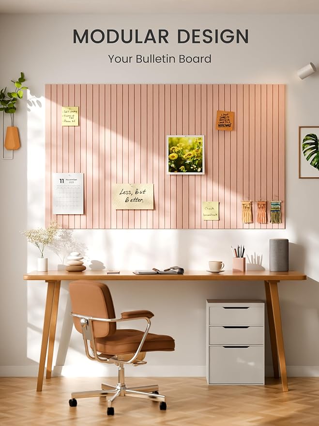 Bumusty Large Cork Board Alternative-47 x35 Felt Bulletin Board Tiles, with 30 Pushpins, 70 Adhesive Tabs, 12-Pack Slat Wall Paneling, Cork Boards for Office Push Pin Board Felt Board-Pink