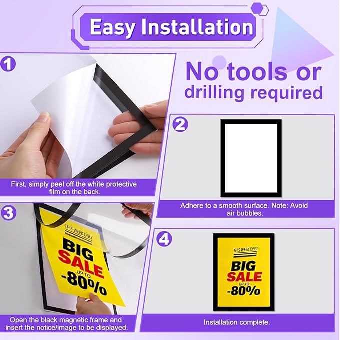 6 Pack Magnetic Sign Holder, 8.5" x 11" Magnetic Wall Mount Sign Holder, Self-Adhesive Magnetic Document Display Picture Frames for Wall, Door, Refrigerator