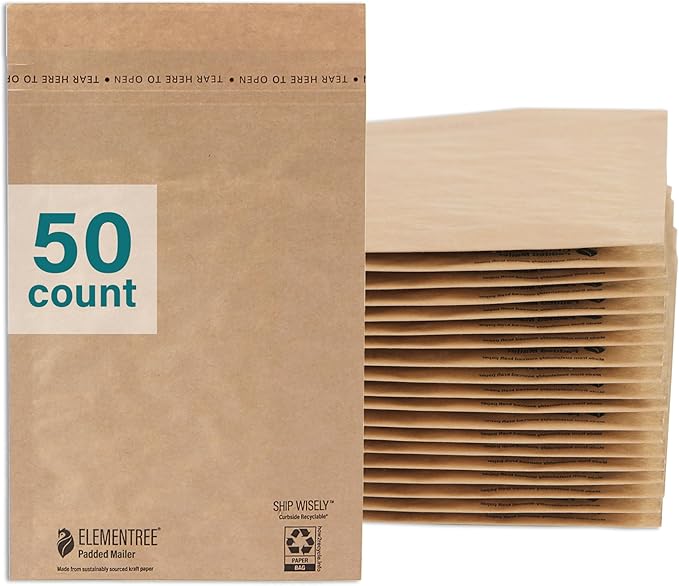 Elementree Small Recyclable Kraft Paper Padded Mailers 7" x 9" (Size #0) - 50 Brown Padded Mailing Envelopes - Flexible Padded Envelope Inner Eco-Cushioning - Made in the USA (01910)