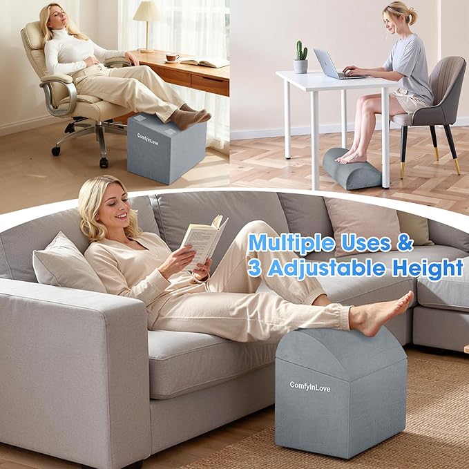 ComfyInLove Foot Rest for Under Desk at Work - Non-Slip Foot Stool with 3 Adjustable Heights, Ergonomic Under Desk Footrest with Washable Cover for Desk, Home, Office, Car (Light Grey)