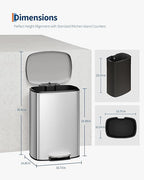 Garvee 13 gal (50 L) and 2.6 gal (10 L) Stainless Steel Trash Can Combo Set, Rustproof Garbage Can with Lid for Kitchen and Bathroom, Step-on Trash Bin with Inner Bucket, Rear Handle, Silver