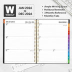 SUNEE 2026 Weekly and Monthly Planner - from January 2026 - December 2026, Daily Agenda Planner with Monthly Tab, Flexible Cover, Note Pages, Pockets, Bookmark, Spiral Binding, Black, 8.5"x11"