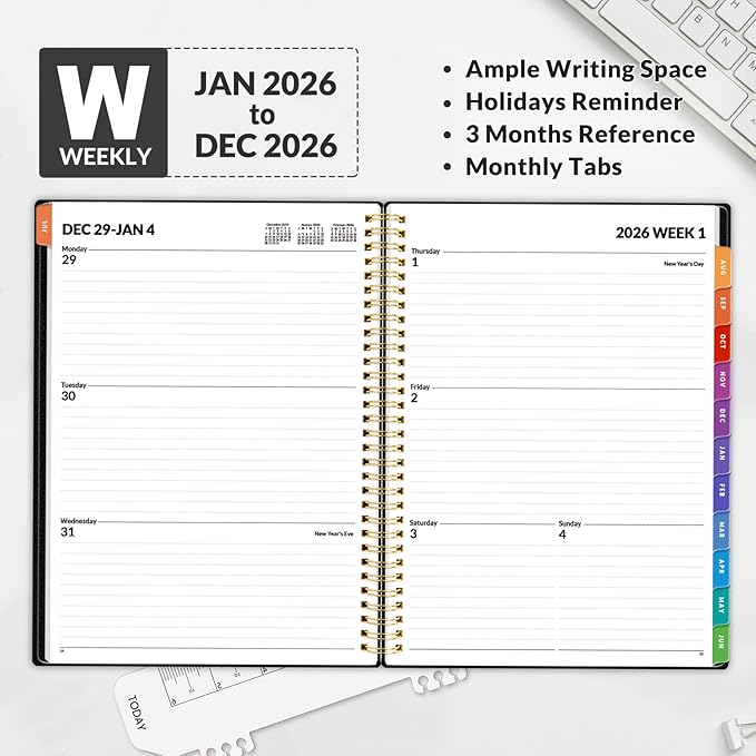 SUNEE 2026 Weekly and Monthly Planner - from January 2026 - December 2026, Daily Agenda Planner with Monthly Tab, Flexible Cover, Note Pages, Pockets, Bookmark, Spiral Binding, Black, 8.5"x11"
