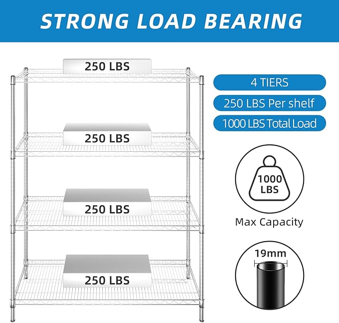Guan River 4-Shelf Adjustable Metal Shelf Wire Shelving Unit Heavy Duty Storage Rack Shelf for Office,Kitchen,Bedroom,Bathroom,Laundry,Pantry Basement,Garage(Chrome,48" L x 18" W x 62" H)