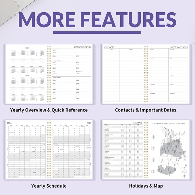 GNL 2026 Planner, Weekly and Monthly Planner January - December 2026, 8.5" x 11" Monthly Planner with Waterproof Flexible Cover, Spiral Binding Notebook with Colorful Tab, Pockets, Bookmark, Purple