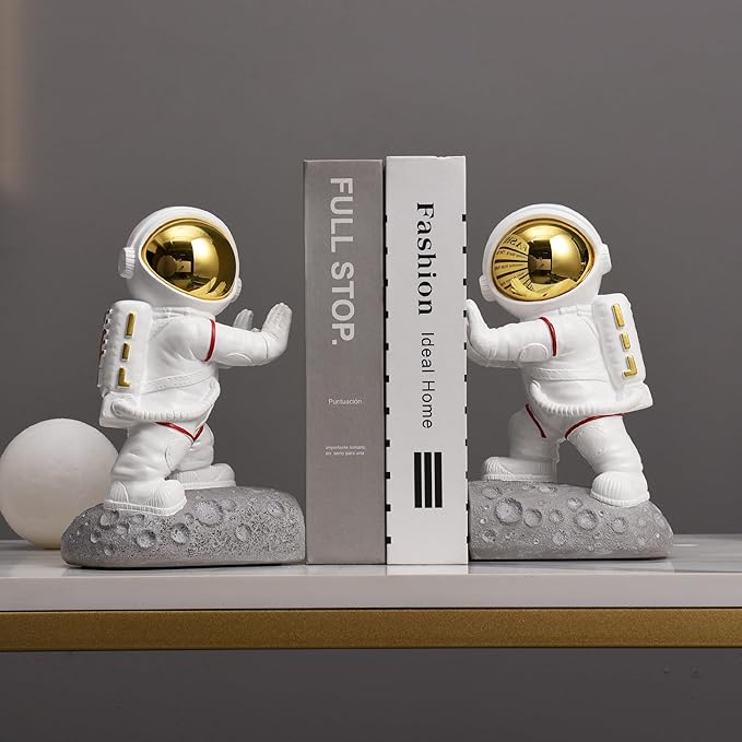 Kakizzy Space Decor Bookends, Resin Astronaut Bookshelf Ends for Kids Rooms Gold Book Ends for Heavy Books Fun Heavy Duty Book End Holder Astronaut Figurine Statue for Office Home Room(D-Gold)