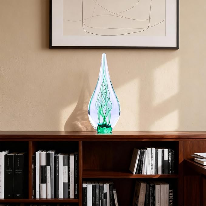 9" Tall Sculpture Hand Blown Glass Decor, Paperweight for Office Desk, Modern Glass Art Figurines Mediterranean Beach House Decor, Living Room Coffee Shelves Table Top Decoration (Swirl Green)