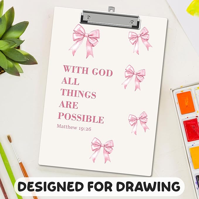 APIILVPQ Bible Verse Clipboard, Pink Bow Clipboards with Low Profile Clip for Office School Use, Christian Wooden Clip Boards for Nurses Teachers Students - B03