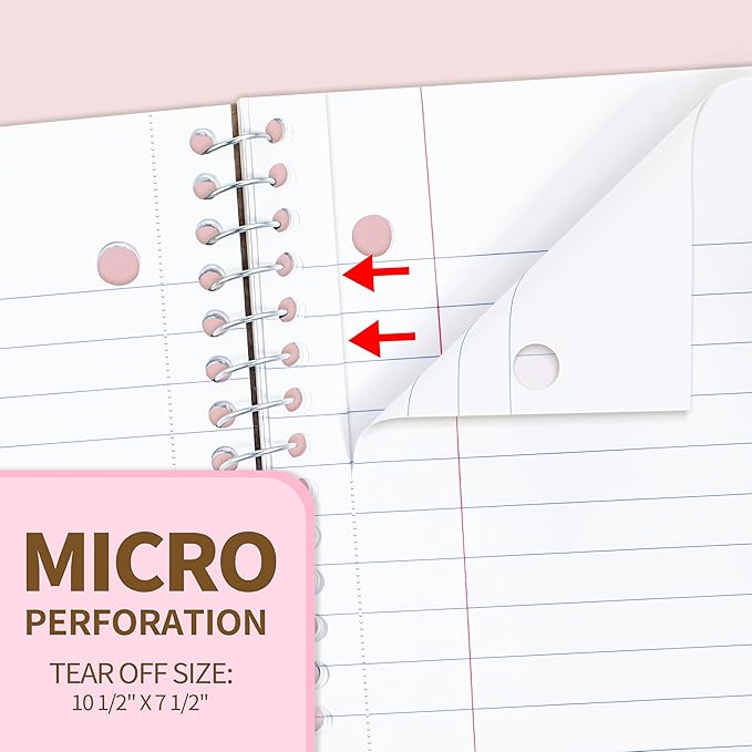 SUNEE Spiral Notebook, 1-Subject, Wide Ruled Paper, 8" x 10-1/2", 100 Sheets per Notebook, 3-Hole Punched Paper, Water Resistant Cover, Double-sided Pockets, Spiral Lined Notebooks for School, Pink