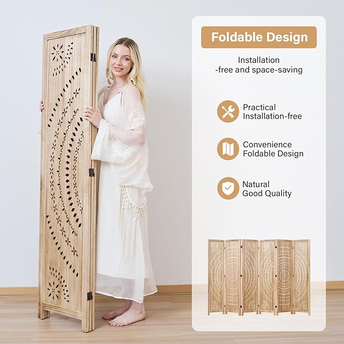 5.6 Ft Folding Room Divider, Portable Privacy Screen & Partition, No Assembly Required for Use as Cat Litter Box Cover, Clutter Hider, Room Separator, 3 Panels (Natural)