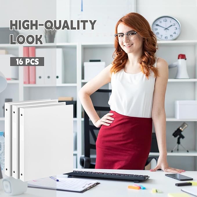 Henoyso 16 Pcs 3 Ring Binder 0.5 Inch Round Fits Letter Size 8.5'' x 11'' Paper Plastic Flexible Binder Bulk Holds 140 Sheets with 1 Pockets Versatile Organizer for Home Office School (White)