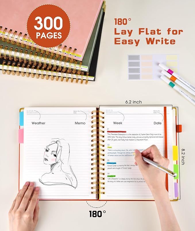 Hardcover Spiral Notebook journal with Removable Dividers Tabs, 300 Pages Leather 5 Subject Notebook College Ruled, 100GMS Notebooks for Work School Note taking,Lined Journal for Women,A5 Orange
