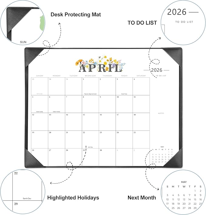 2026 Desk Calendar - 18 Month Desktop Calendars (Jan 2026–Jun 2027),Large 22x17 Monthly Calendar with Home & Office Floral Desk Pad Calendars (Black, 22 * 17)