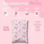 Pretty Package Store 6x9 Designer Poly Mailer 100 Pack Heavy Duty Waterproof Self Seal Shipping Bags for Small Business Large Mailing Envelopes Bulk Tear Resistant Packaging Coquette Bows Hearts