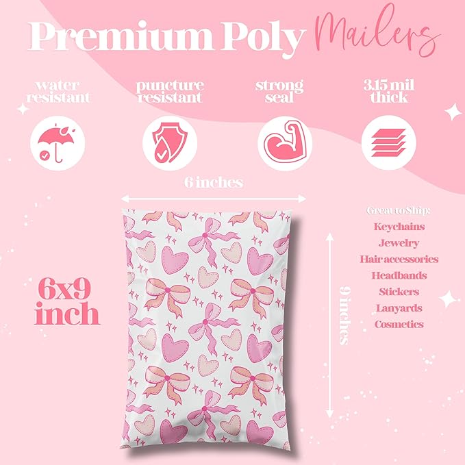 Pretty Package Store 6x9 Designer Poly Mailer 100 Pack Heavy Duty Waterproof Self Seal Shipping Bags for Small Business Large Mailing Envelopes Bulk Tear Resistant Packaging Coquette Bows Hearts