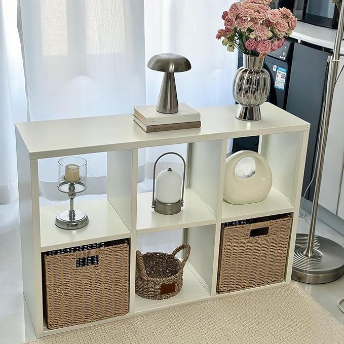 IRONMIX Metal 6 Cube Storage Organizer with 2 Storage Basket, White Short Bookshelf with Storage, 2-Tier Horizontal Bookshelf Cube Shelf for Home Office, Library, Classroom (White, 1037 with Basket)