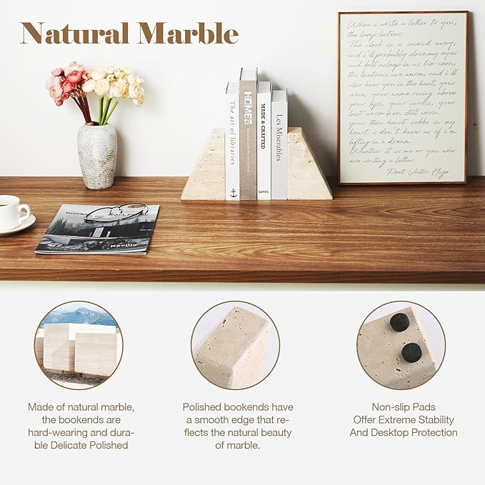 Karibiber Travertine Bookends for Heavy Books, Marble Decorative Bookends for Shelves, Heavy-Duty Stone Book Ends for Hardback Book & Cookbooks, Unique Book Stopper & Holder, Travertino Italy