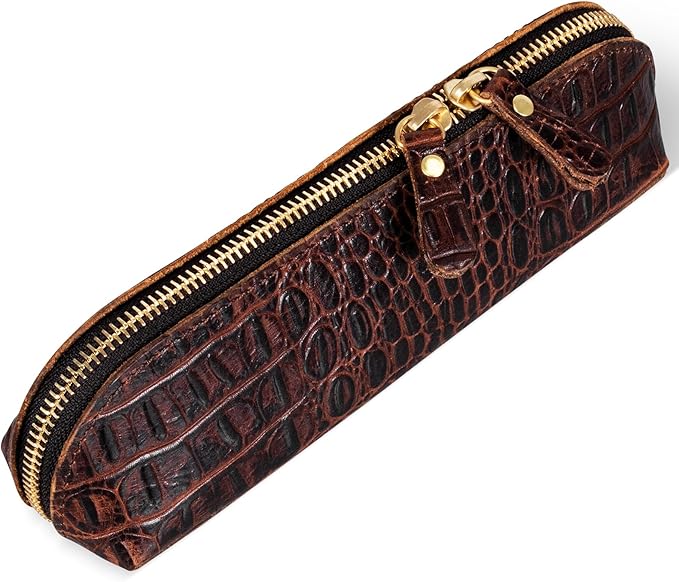 Gexmil Genuine Leather Pen Case, Full Grain Leather Pencil Holder, Hand-made Stationery Bag for Work & Office, Vintage Style, Crocodile Brown
