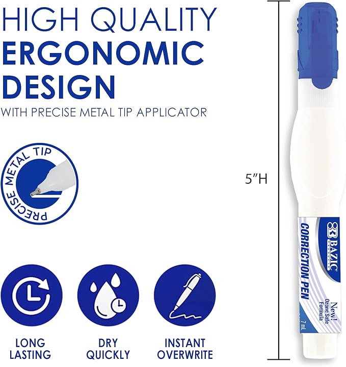 BAZIC Products Correction Pen - Corrections Fluid, Precise Metal Tip White Out, Ideal for School & Office Supplies, Alternative to Correction Solution, 2/Pack, 144-Packs