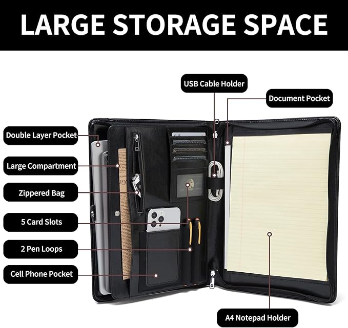 Geslun Personalized Vegan Leather Portfolio, Legal Size 8.5 x 14 Pad Holder, Custom Business Padfolio for Men Women, Zippered 14" Laptop Organizer, Professional Notepad Folio, Black