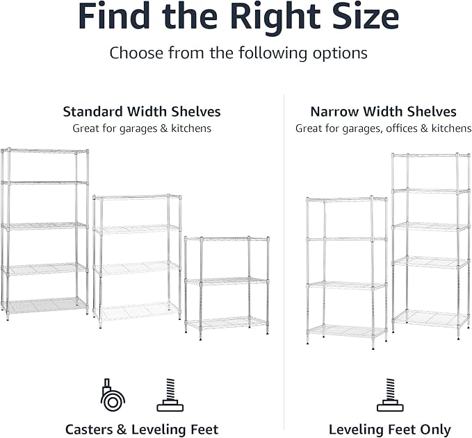 Amazon Basics 4-Shelf Adjustable, Heavy Duty Storage Shelving Unit with Wheels for Easy Assembly, for Garage or Kitchen Use, Metal Organizer Wire Rack, 36" L x 14" W x 57.8" H, Chrome
