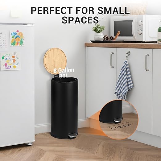 8 Gallon (30L) Step Trash Can with Soft-Close Bamboo Lid – Fingerprint-Resistant Stainless Steel, Removable Inner Bucket, Slim Round Indoor Garbage Bin for Kitchen, Bathroom, Office – Black