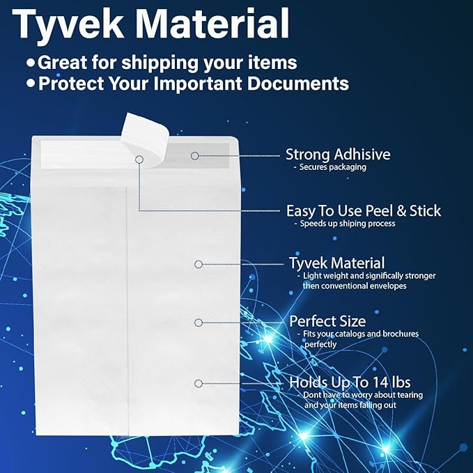 9 x 12 Envelopes, Tyvek Envelopes 9x12, Catalog Envelopes 9x12, Self Sealing Closure, Tyvek Material, 14 lb., Puncture, Tear & Moisture Resistant (100 Pack)