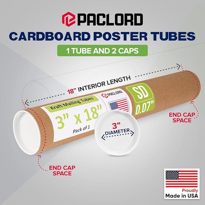 Paclord 3" x 18" Reinforced Kraft Paper Mailing Tube, Pack of 1 Tube with 2 Caps – Secure USPS Approved Poster Tube – Cardboard Tube for Shipping and Storing of Posters, Prints, Artwork, or Documents