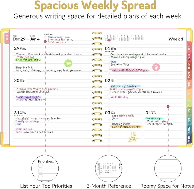 Forvencer 2026 Planner, Hardcover Calendar Planner Weekly and Monthly, Jan 2026 - Dec 2026, 8.5" x 11", Spiral Daily Organizer for Home School, Pink