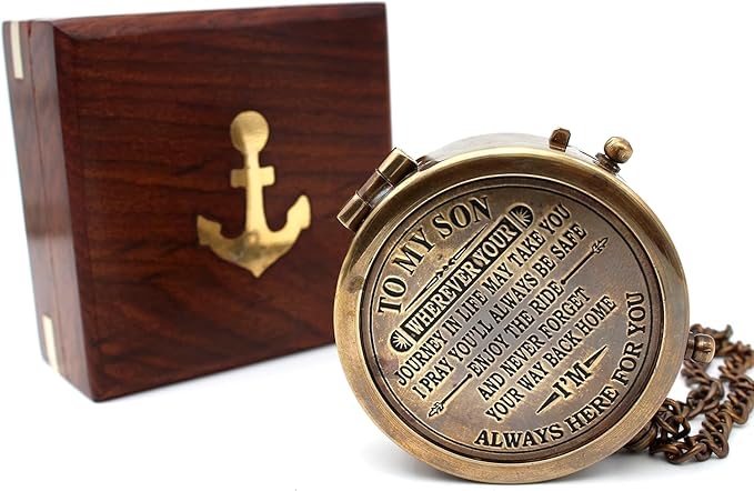 US HANDICRAFTS Brass Compass with Wooden Case | Engraved Compass from Mom to Son | Graduation Gift, Birthday, Inspirational Travel Keepsake