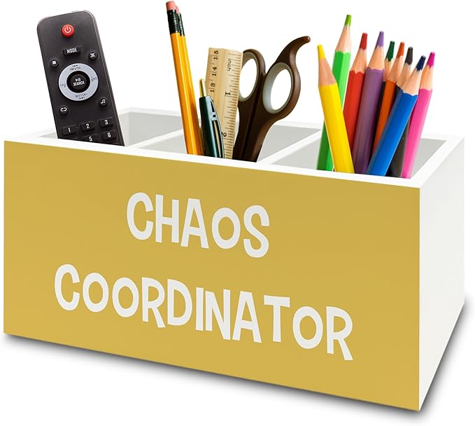 XPH Chaos Coordinator Yellow Pen Pencil Holder Organizer for Desk, Thank You Gifts for Women Men Coworkers Boss Leader Manager, Appreciation Gifts Wooden Box Sign for Office Tabletop Decorations