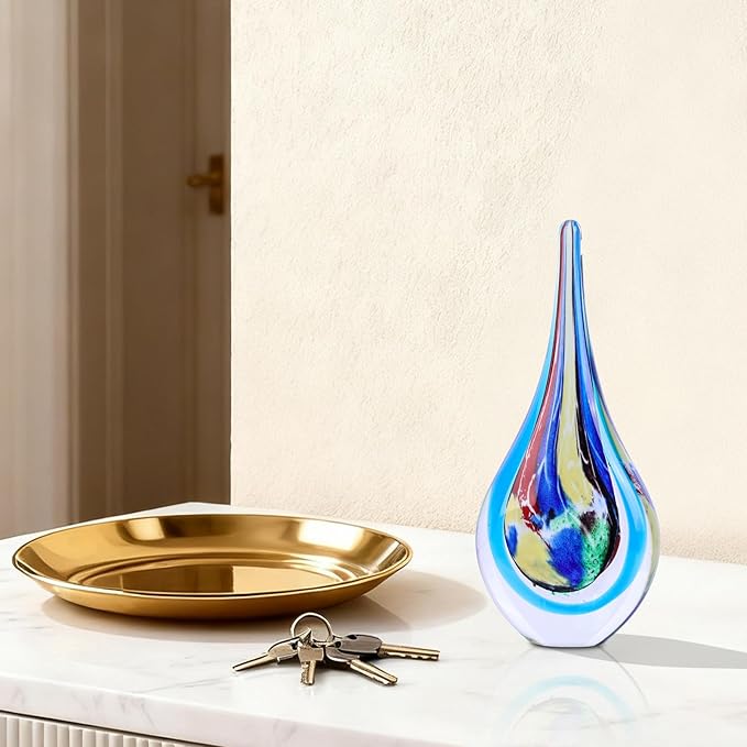 9" Tall Sculpture Hand Blown Glass Decor, Paperweight for Office Desk, Modern Glass Art Figurines Mediterranean Beach House Decor, Living Room Coffee Shelves Table Top Decoration (Multicolor)